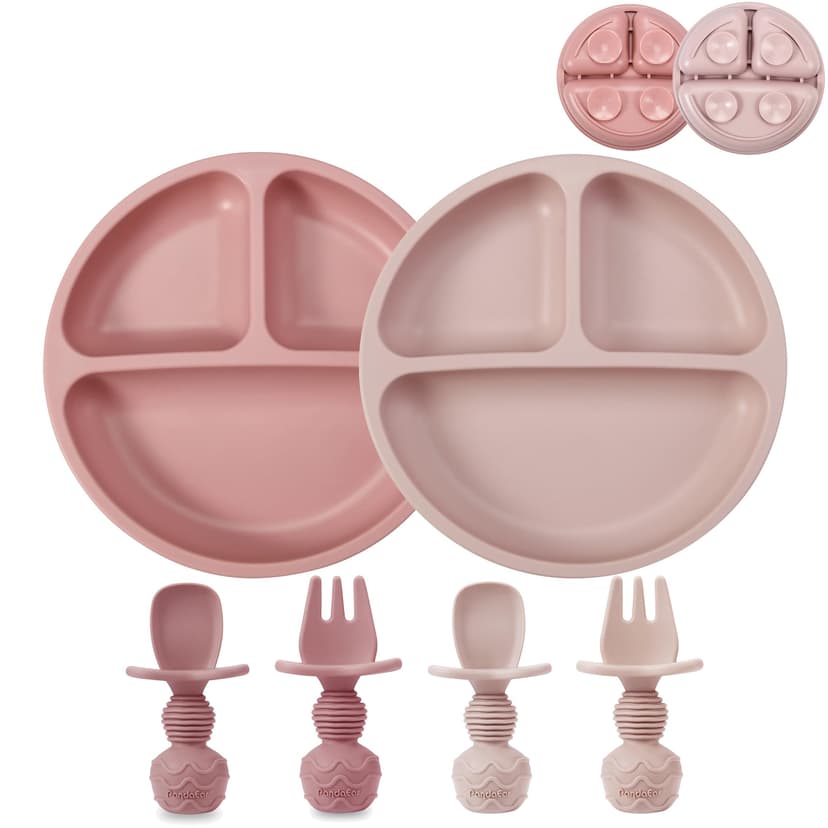 PandaEar 2 Pack Silicone Baby Suction Plates with 2 Spoons 2 Forks for Weaning Girls, Sectioned Divided Baby Weaning Plates, Toddler Dinner Plates Set for Toddlers Kids Childrens, BPA-Free, Pink - 1