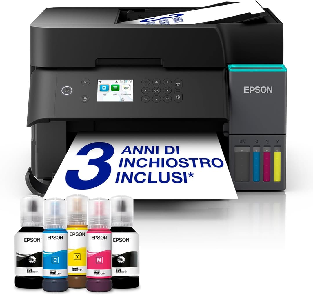 Epson EcoTank ET-3950 Stampante con Serbatoi D’inchiostro | Home Office | Wi-Fi | A4 | Fronte/Retro Stampa, Copia, Scansione | Display LCD 6.1 cm | ADF Da 30 Fogli | 3 Anni D'Inchiostro Inclusi