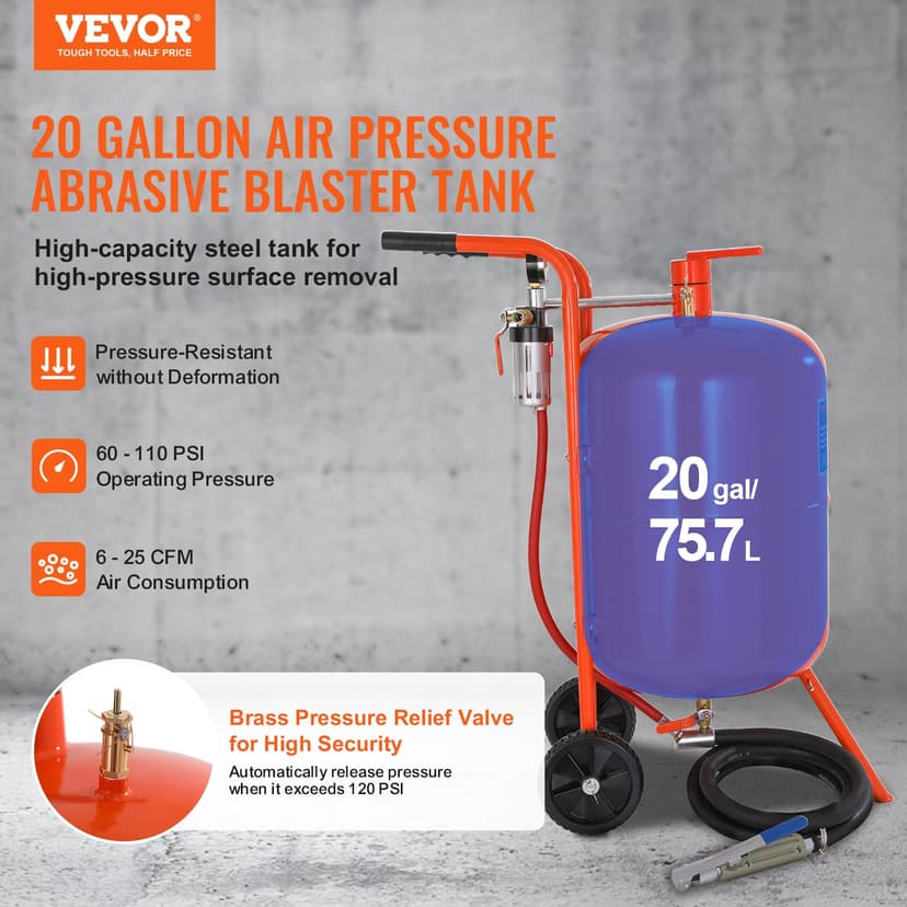 VEVOR Mobile Sand Blasting Machine 75.7L Sandblasting System 8ft Work Hose Sandblaster 60-110PSI Working Pressure Ideal for Removing Rust, Paint, Stains and Polishing Large Areas - 2