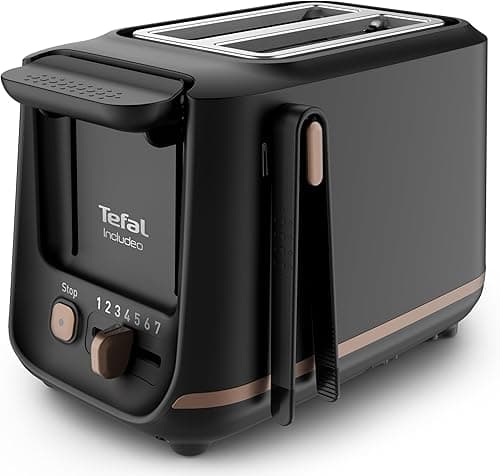 Tefal Grille-pain 2 fentes, Pinces Magnétiques, 7 niveaux de dorage, Tiroir ramasse-miettes amovible, Grandes commandes, Fonction surélévation, Includeo, Noire, TT533811
