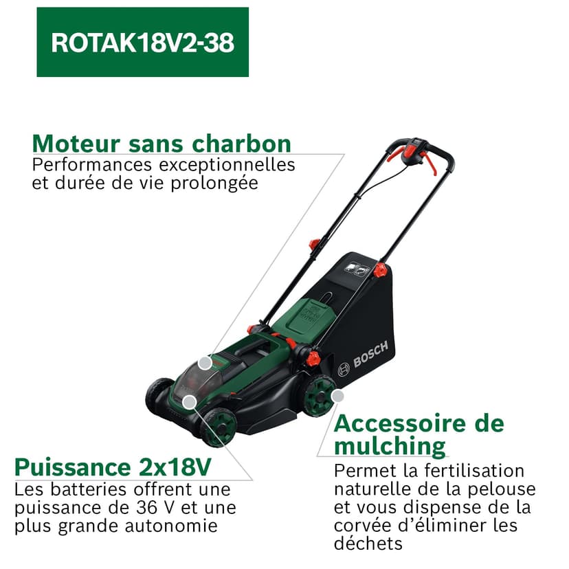 Bosch cordless lawnmower ROTAK18V2-38 (cutting width: 38 cm, cutting height: 30-75 mm, 40 l fabric grass catcher, mulch plug, including 2 x 18V battery and charger) - 3