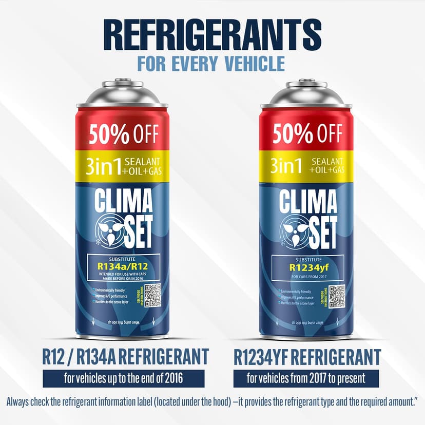 CLIMASET - 3-in-1 R 1234yf Air Con Recharge, Oil, Leak Sealer XL & 2 x R1234yf XL - AC Gas Refill Kit - Air Conditioning Car Recharge Kit - 4