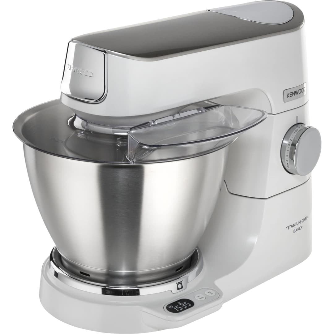 Kenwood Titanium Chef Baker KVC65.001WH, Robot Patissier Avec Balance Intégrée, Incl. Ensemble Pâtisserie 3 Pièces, Spatule & Protection Éclaboussures, 1200W, Blanc