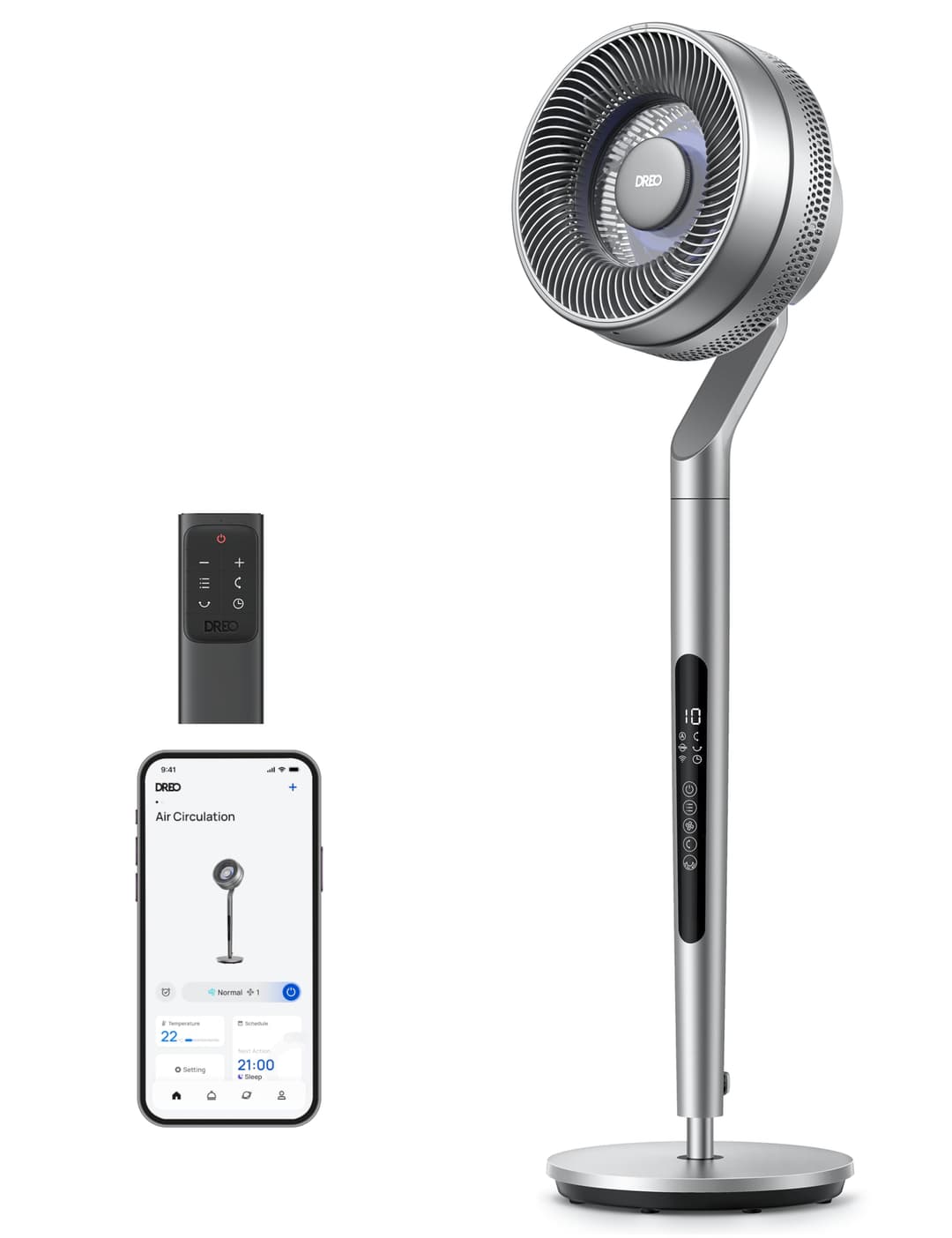 Dreo Ventilateur sur Pied Intelligent, Hauteur 101.6-111.8 cm, Moteur DC Silencieux, Oscillation 120° plus 85°, Débit 30.5 m³-min, 10 Vitesses, pour Chambre, Argent