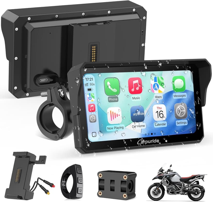 Carpuride W602S Pro Motorcycle Carplay Screen with BM05 for Plug-and-Play, Wireless CarPlay & Android Auto, 6.25" Waterproof Touchscreen, Bidirectional Charging, OTA, Dual Bluetooth, Wired Controller. - 1
