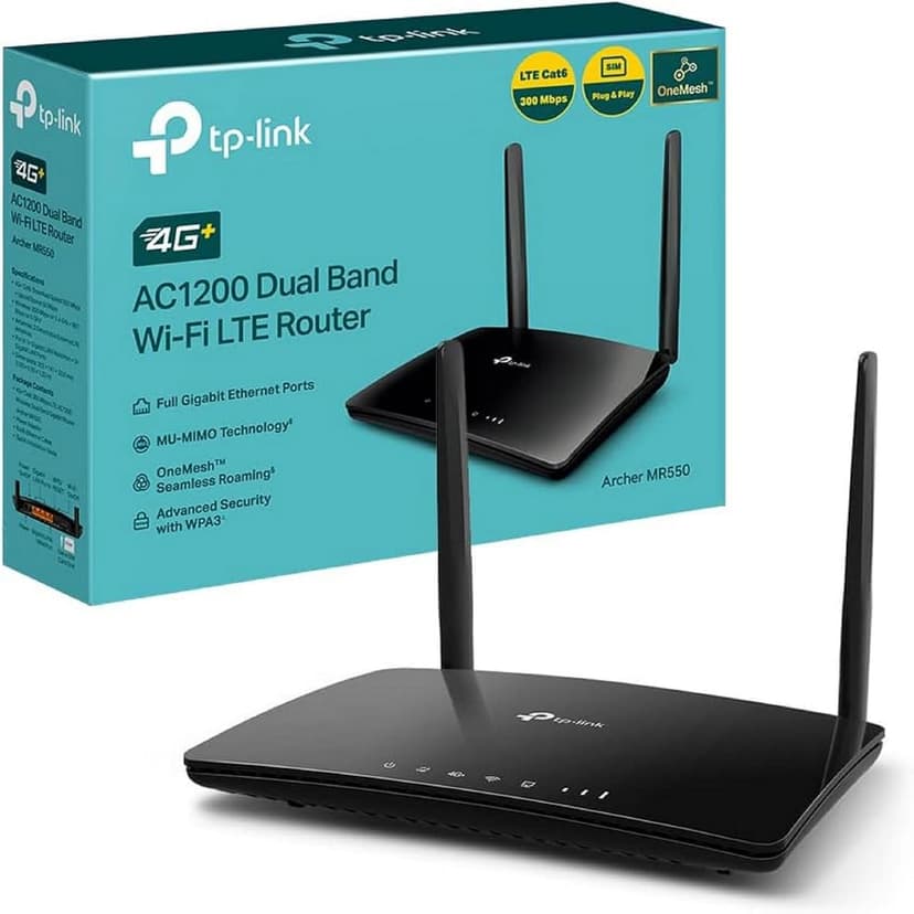 TP-Link Archer MR550 4G+ Cat6 Router 300Mbps Dual Band AC1200 Wi-Fi with SIM Card MicroSIM Gigabit LAN/WAN Port MU-MIMO No Configuration TP-Link OneMesh Technology - 1