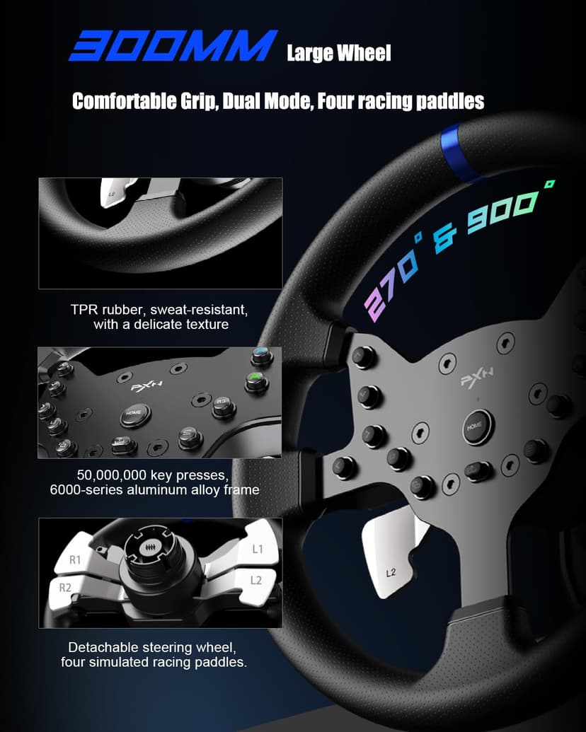 PXN V99 Gaming Steering Wheel, Driving Force Feedback Steering Wheel with Pedals and Shifter - 3.2NM, 270°&900°, 11.8 inch, 4 Paddle Shifters, Tools APP - Racing Steering Wheel for PC, Xbox and PS4 - 5