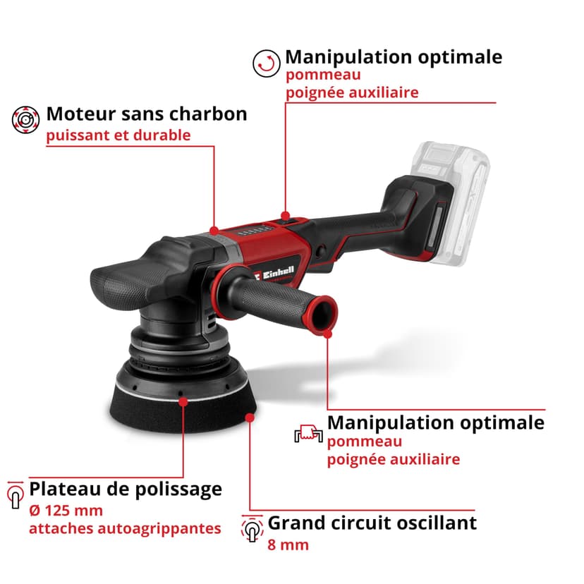 Einhell Professional Polisseuse excentrique sans fil CP-EP 18/125 Li BL-Solo Power X-Change (18 V, plateau 125 mm, moteur Brushless, vitesse de rot. 500-3 800 tr/min, avec 3 disques, sans batterie) - 3