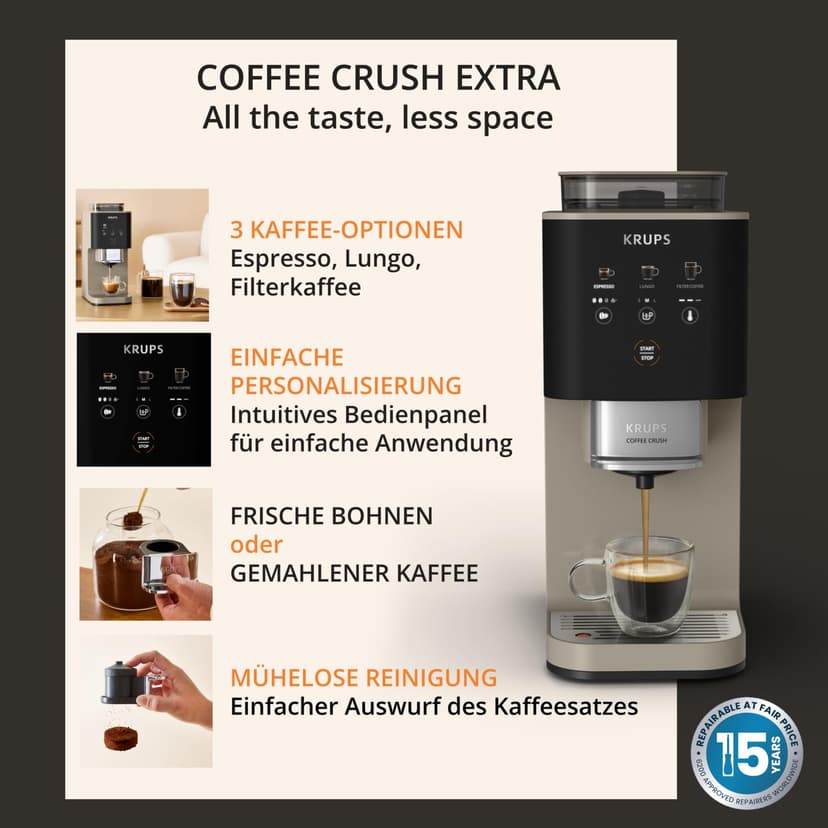 KRUPS Coffee Crush Superautomatic Coffee Maker 15 Bar 3 Coffee Recipes 3 Temperature Levels Touch Screen Compact 15 cm Wide SA402AE0 - 3