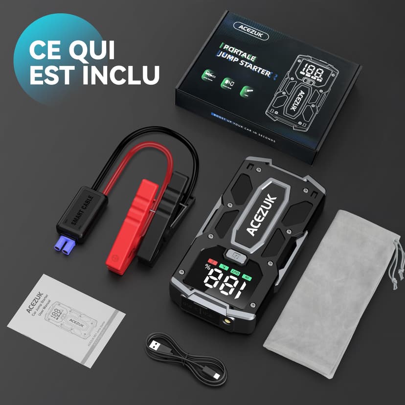 Battery Jump Starter, 6000A Jump Smart(10.0L Gas/8.0L Diesel), Portable Car Starter Battery Pack with Extended Smart Jumper Cables, Car Jump Starter with Large Display, Quick Charge, Lights - 8