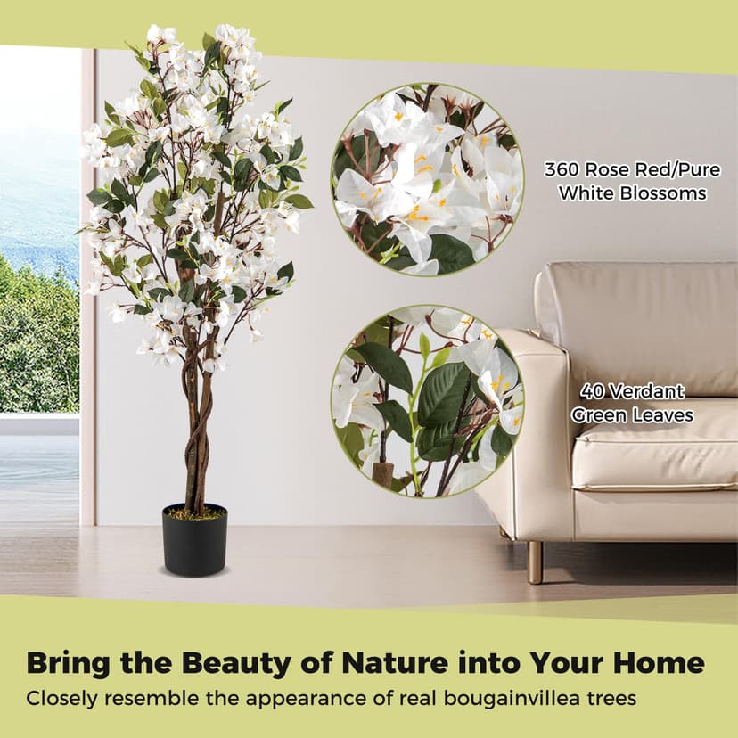 GIANTEX Bougainvillea artificiel de 120 cm de haut, faux bougainvillier en pot avec fleurs ouvertes et branches réalistes, plante décorative pour entrée, salon, bureau (blanc) - 4
