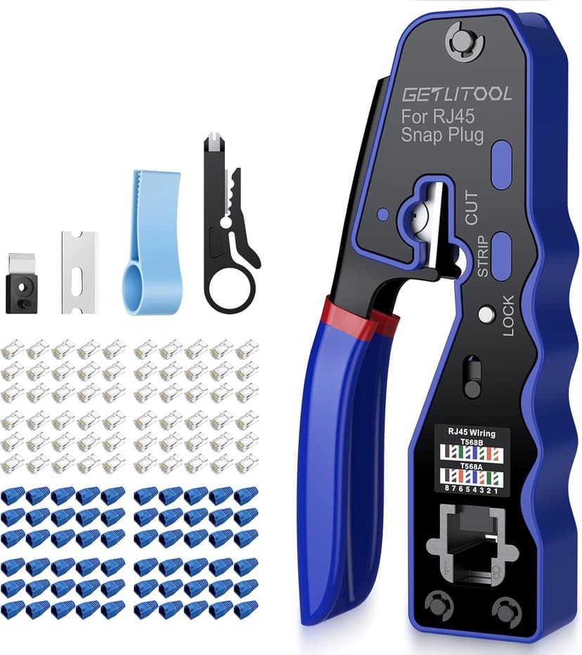 GETLITOOL Pince À Sertir RJ45 RJ11 Traversante Cat6 Kit Pince Réseau Professionnel Outil De Sertissage RJ45 Passant Avec 60 Connecteurs RJ45 Cat5e, Cat6/Cat6a Pass Through Et Couvercles De Protection - 1