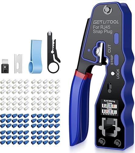 GETLITOOL Pince À Sertir RJ45 RJ11 Traversante Cat6 Kit Pince Réseau Professionnel Outil De Sertissage RJ45 Passant Avec 60 Connecteurs RJ45 Cat5e, Cat6/Cat6a Pass Through Et Couvercles De Protection