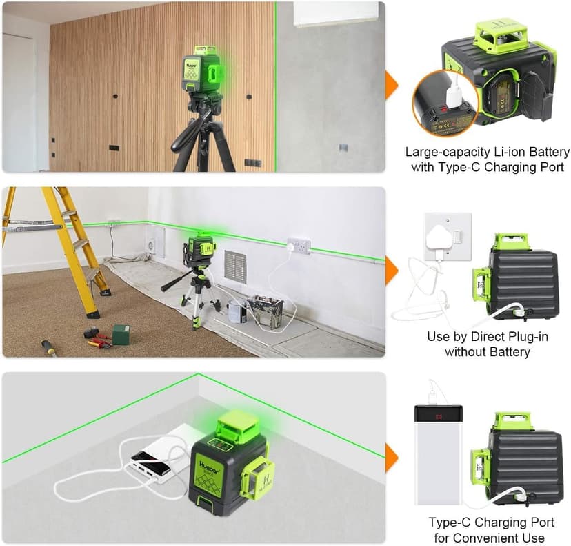Niveau Laser Vert, Huepar 3x360 avec Batterie Li-ion Rechargeable, Laser Level Auto-nivellement, avec Port de Charge de Type-C et Étui de Transport à Coque Rigide Inclus - B03CG Pro - 2