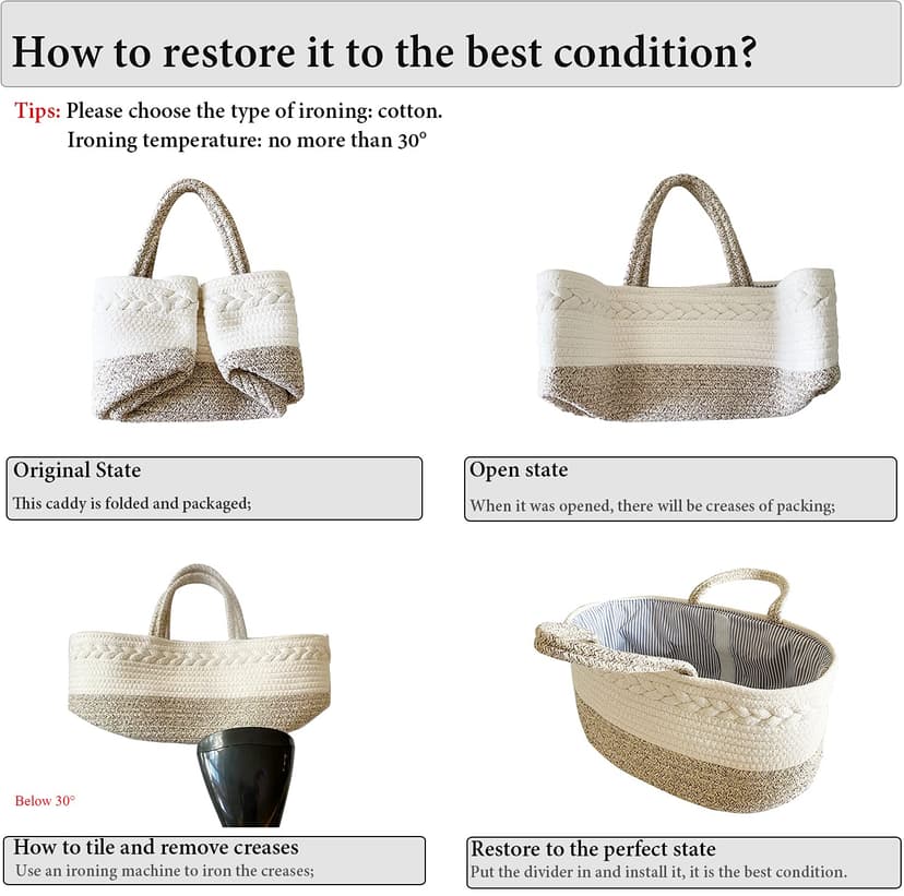 YEONHWA Boîte de rangement pour couches de bébé, panier de rangement en coton pour bébé en corde tissée, poignée portable avec grande boîte de rangement pour vestiaire, beige - 7