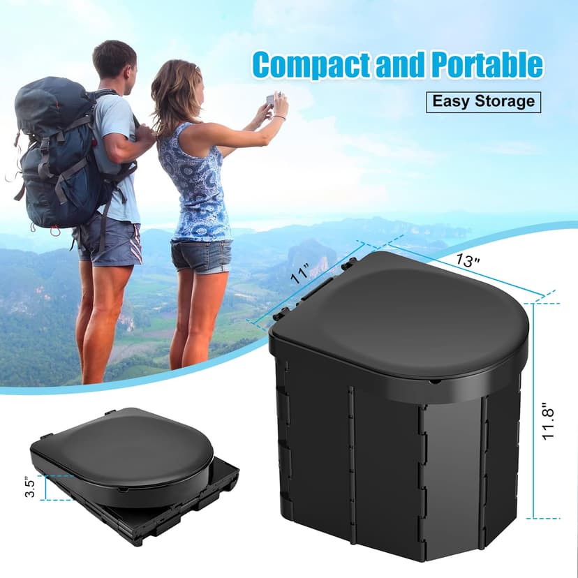 WADEO Portable Camping Toilet, Foldable Heavy Duty Travel Toilet for Adults, Sturdy 400lbs Capacity, Compact Car & Van Toilet with Lid & Bags for Camping, Hiking, Road Trips (Black + Seat Cushion) - 6