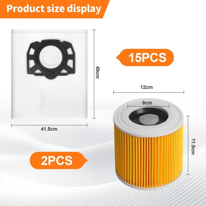 Pack of 15 for Kärcher KFI 357 Vacuum Cleaner Bags + 2 Filters + 2 Filter Brushes Replacement for Kärcher WD2 Plus, WD2, WD3, SE4002, SE4001 KWD1-3 WD3.200, 2.863-314.0, Filter for WD3P Accessory Set - 2