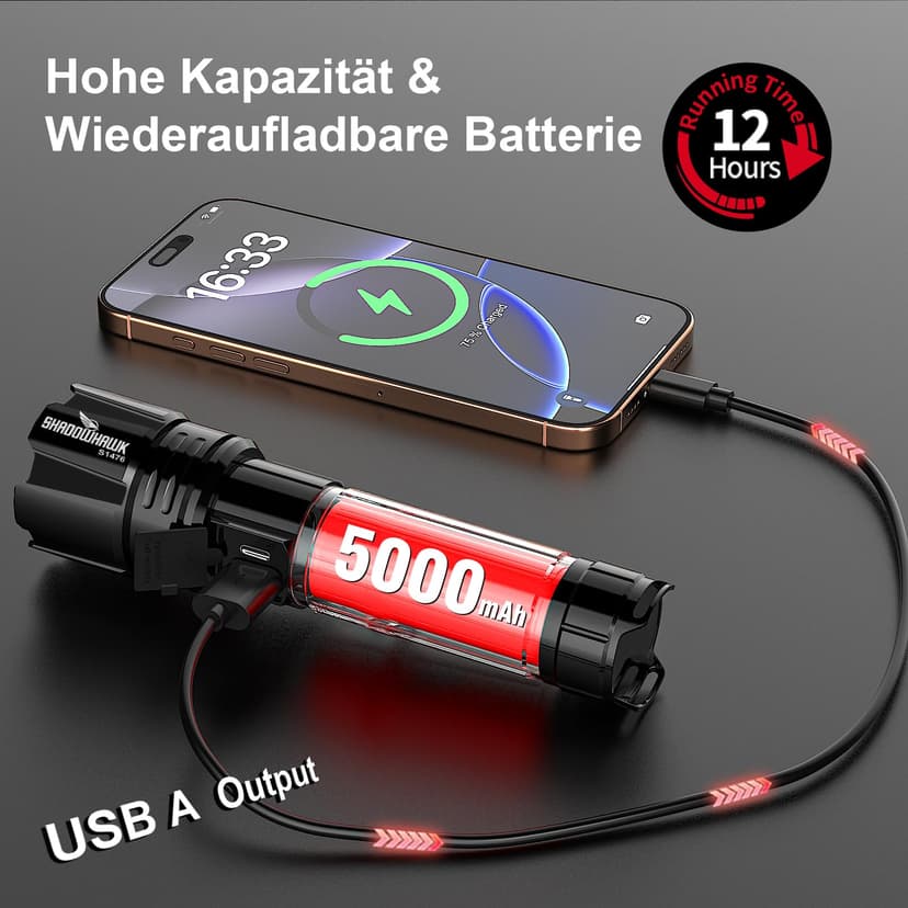 Shadowhawk LED Torch 500,000 Lumens, Extremely Bright USB Rechargeable Tactical Flashlight with Holster XHP70.2, IP67 Waterproof 5 Light Modes for Camping Hiking Emergencies - 3