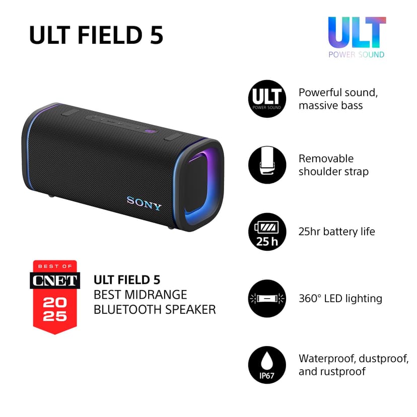 Sony ULT FIELD 5 - Powerful Bluetooth Portable Speaker, 25hr Battery, 2 x ULT POWER SOUND modes, IP67, Waterproof, Dustproof, 360 Lights, Detachable Shoulder Strap, Compact - Black - 2