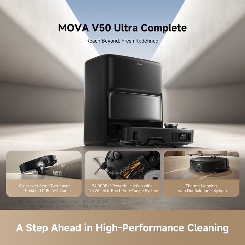 Mova V50 Ultra Complete Robot Vacuum Cleaner and Self-Emptying Scrubber with 24000 Pa Suction, Thermal Floor Wash with DuoSolution System, FlexiRise Navigation and StepMastera System Black - 9