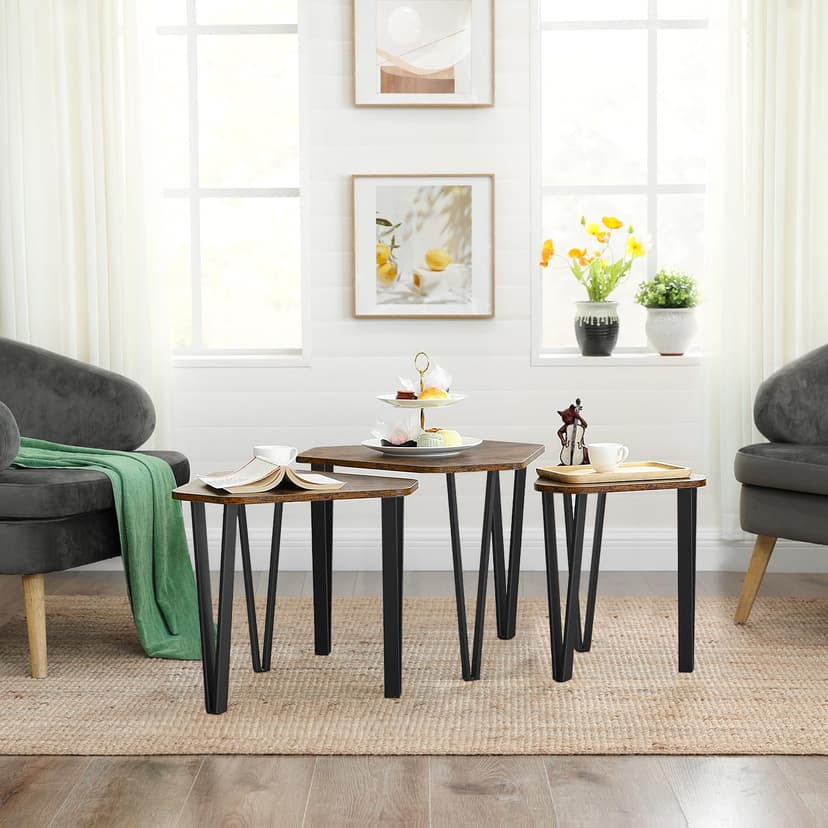VASAGLE Nesting Coffee Table, Set of 3 End Tables for Living Room, Stacking Side Tables, Sturdy and Easy Assembly, Steel Frame, Industrial Style, Rustic Brown and Black LNT14BX - 3