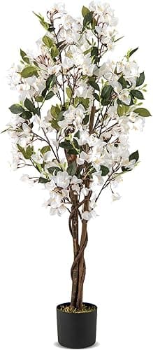 GIANTEX Bougainvillea artificiel de 120 cm de haut, faux bougainvillier en pot avec fleurs ouvertes et branches réalistes, plante décorative pour entrée, salon, bureau (blanc)
