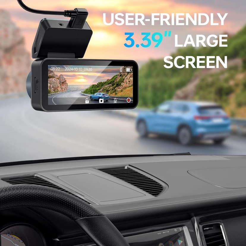Dash Cam Front and Rear, 2.5K /1080P QHD Dual Dash Camera for Cars, Super Night Vision Dashcam, Loop Recording, 3.39” IPS, 64GB Card Included, 160° Wide Angle, Parking Mode - Black Pro - 8