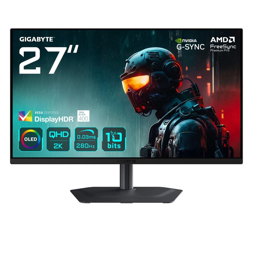 Gigabyte MO27Q2A 27” OLED 2K QHD Gaming Monitor - 2560 x 1440, 280Hz, 0.03ms, 250 cd/m², FreeSync Premium Pro, DisplayHDR True Black 400, HDMI 2.1, DisplayPort 1.4 - 1