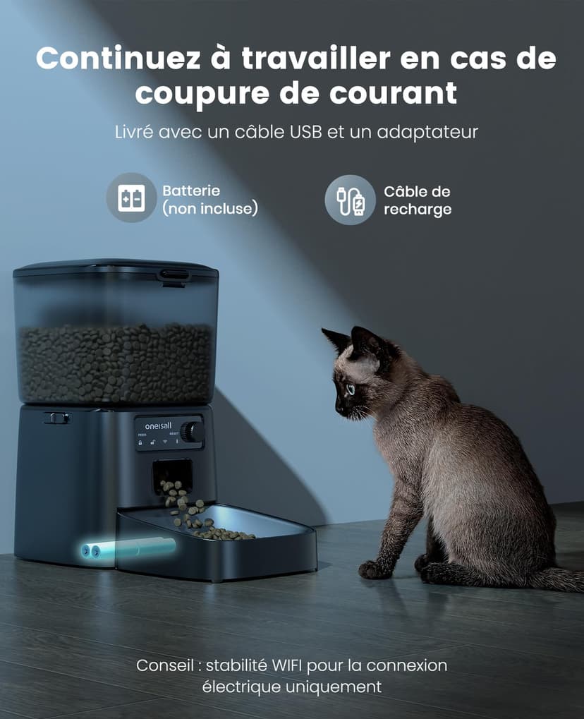 oneisall Distributeur Croquettes Chat Automatique, 3.5L Distributeur Croquettes Chat, Mangeoire de Nourriture, Gamelle Automatique pour Chien, 1-6 Repas par Jour (3.5L WiFi Noir) - 7