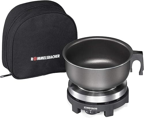 ROMMELSBACHER Reisekochplatte RK 501/S - Made in Germany, Gussheizplatte 80 mm Ø, mit Alu-Topf & Etui, ideal für Reise und Camping, stufenlos regelbar, Kabelaufwicklung, 500 Watt, Edelstahl/schwarz