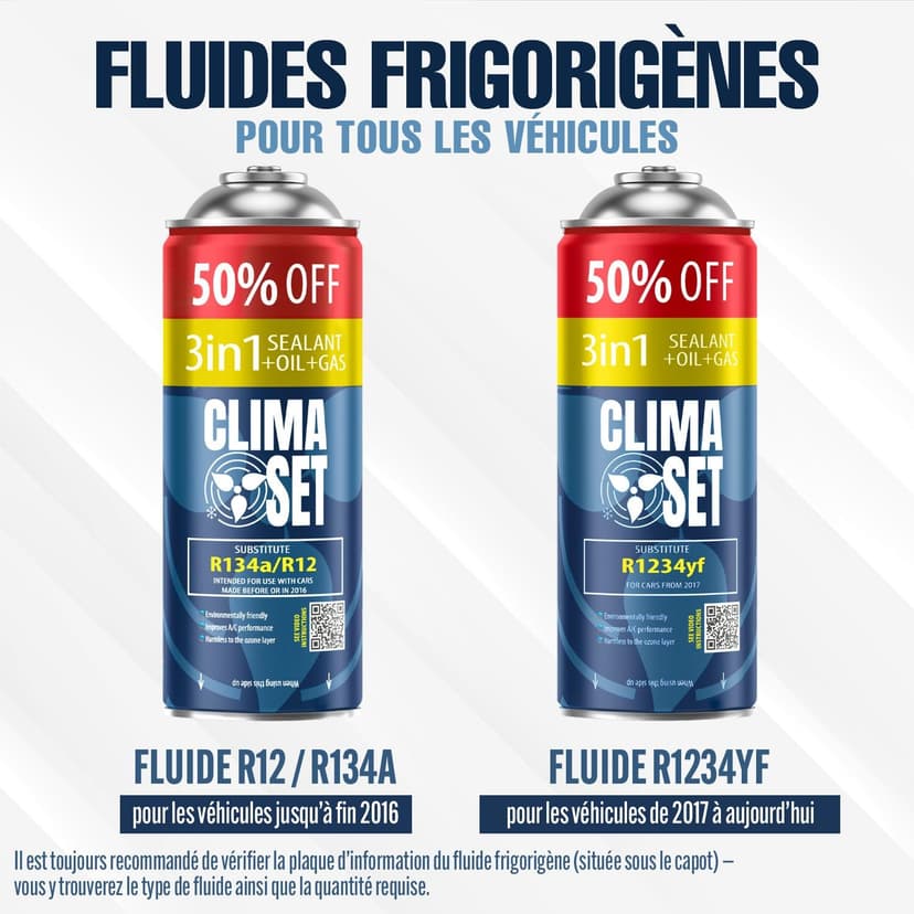 CLIMASET - 3-En-1 R 1234yf Recharge Climatisation, Huile, Produit Anti-Fuites XL et 2 X R1234yf XL - Kit de Recharge de Gaz pour Climatisation Automobile - 7