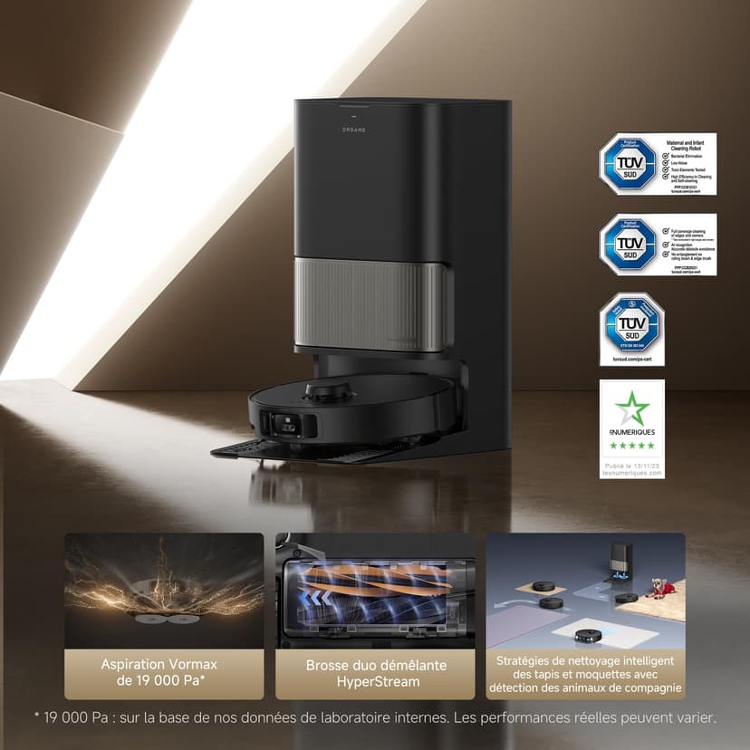 DREAME L40s Pro Ultra Robot Aspirateur, 19 000 Pa, Brosse Double HyperStream, Franchit 4 cm, Brosse latérale extensible et relevable, Nettoyage à la serpillière à l'eau chaude à 75°C,Auto-nettoyant3.0 - 2