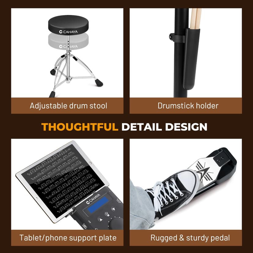 CAHAYA Batterie Électronique Kit Débutants – Avec Tabouret, Cymbales Double Déclencheur & Grosse Caisse Double Déclencheur, Peaux Maillées Silencieuses, 350 Sons, USB/MIDI & Casque, Portable - 7