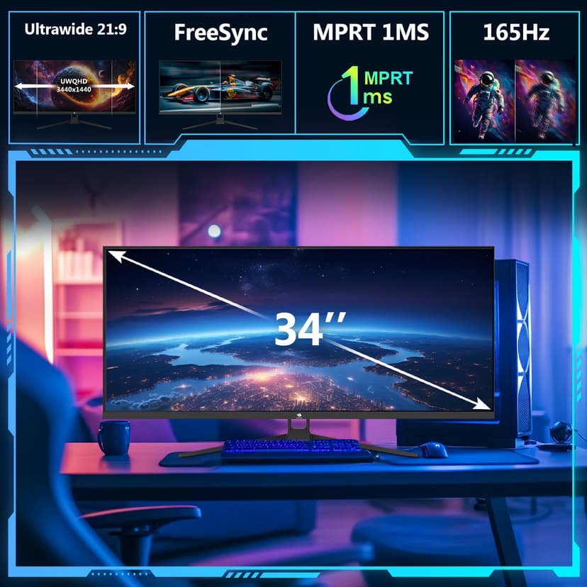 Z-Edge 34 Inch Ultrawide Monitor UWQHD Gaming Monitor 165Hz 1ms MPRT, 3440x1440 IPS Panel 21:9, 100% sRGB, FreeSync, PiP & PbP, DisplayPort (165Hz), HDMI (100Hz), Black - 2