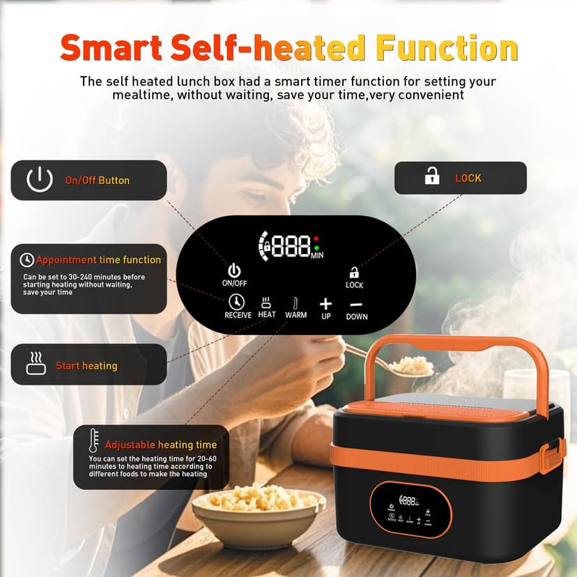 Gamexop Upgraded Cordless Electric Lunch Box, 1.5L Rechargeable Heated Lunch Box Battery Powered Stainless Steel Self-Heating Food Warmer Gift for Indoor Outdoor Work Office Camping Travel - 7