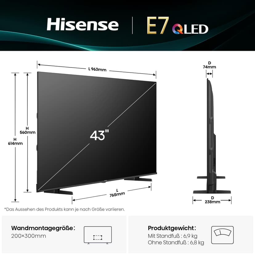 Hisense QLED 43 43E7Q 4K Ultra HD Smart TV VIDAA WiFi Dolby Vision HDMI 2.1 - 2