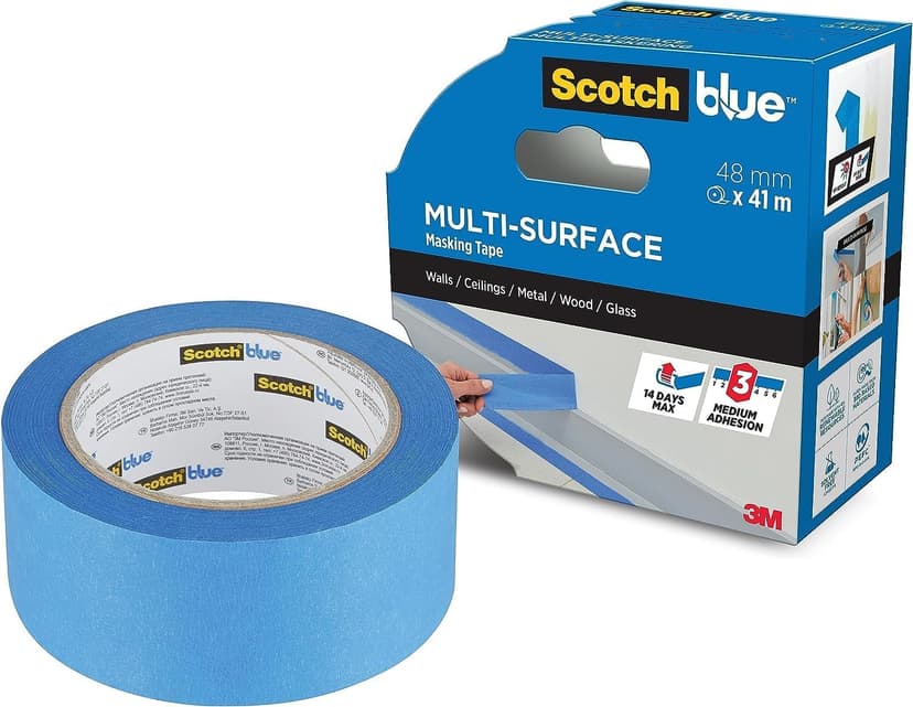 ScotchBlue Multi-Surface Premium Masking Tape, 48mm x 41m, 1 Roll/Pack - Scotch Adhesive Blue Painters Tape, For Painting and Decorating, Indoor & Outdoor, Sticks Well, 100% PEFC - 1