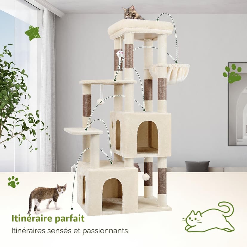 Globlazer Arbre à Chat Beige Grand avec 2 Grande Niches, Doux Plate-Forme, Griffoirs en Sisal, Arbre a Chat Stable Haut 156 cm avec Grandes Bases Tronc épais pour Gros Chats Chatons (F61, Beige) - 6