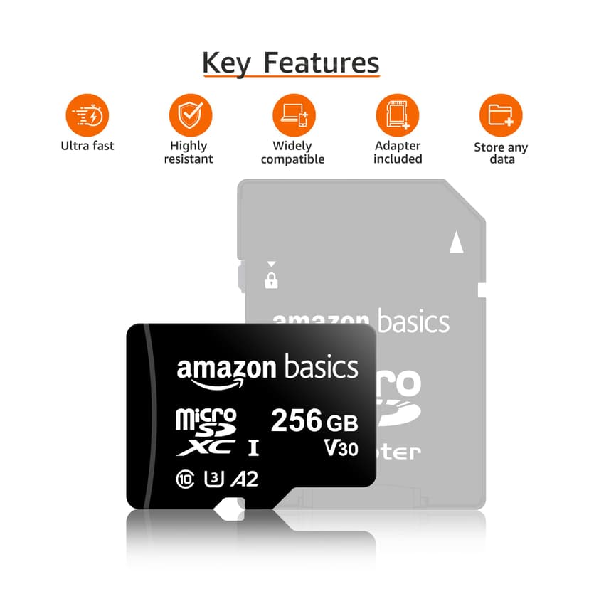 Amazon Basics microSDXC Memory Card with Full Size Adapter, A2, U3, Read Speed up to 100 MB/s, 256GB, Black - 2