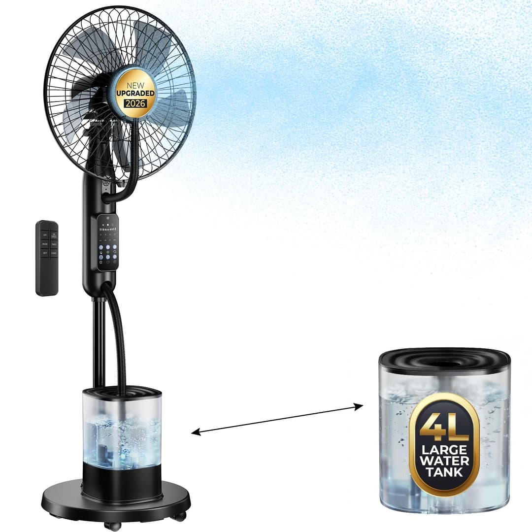 NebulaFlow Ventilateur Brumisateur, 2026 Amélioré Réservoir 4L, 7,5H Ventilateur sur pied, Minuterie, 5 vitesses 3 modes, Ventilateur oscillant avec télécommande pour maison, chambre, bureau, terrass