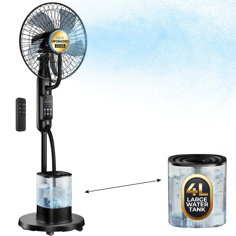 NebulaFlow Ventilateur Brumisateur, 2026 Amélioré Réservoir 4L, 7,5H Ventilateur sur pied, Minuterie, 5 vitesses 3 modes, Ventilateur oscillant avec télécommande pour maison, chambre, bureau, terrass - 1