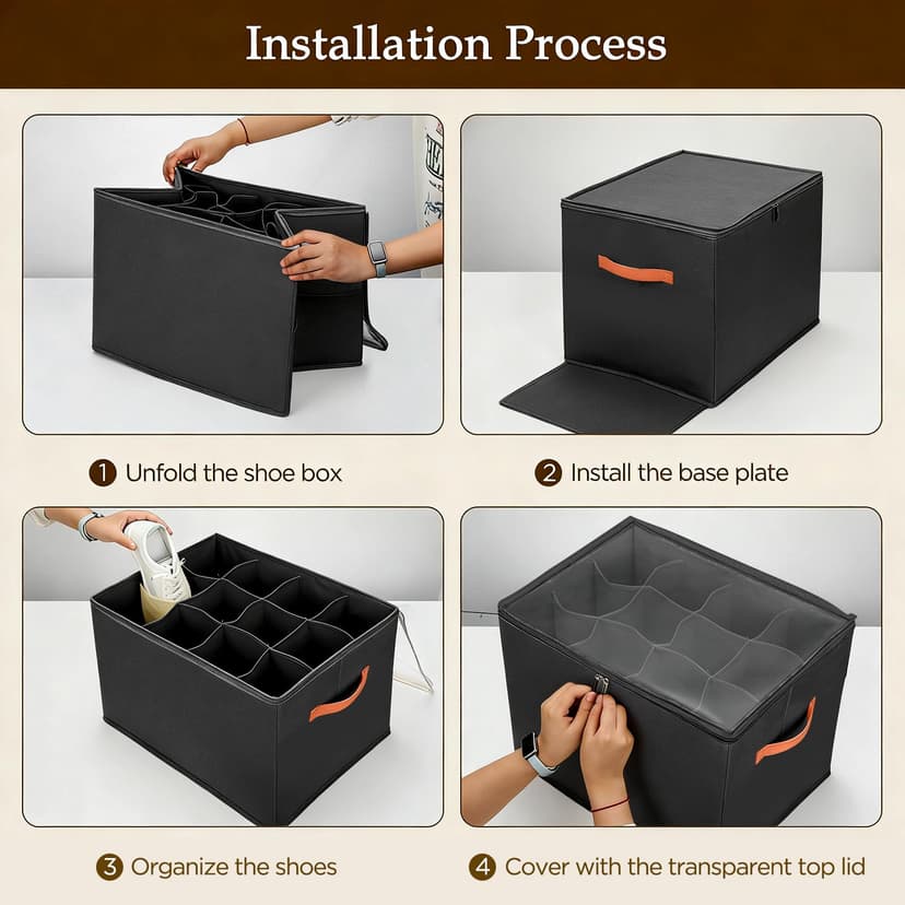 Romon Rangement Chaussure Pliable Pour 12 Paires Avec Couvercle Transparent Et Poignées, Gain De Place, Pour Placard Et Entrée, Noir - 5