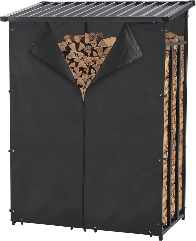 casa.pro Abri-Bûches Couvert avec Housse de Protection Support Bois de Chauffage Range-Bûches pour Stockage Extérieur Acier Galvanisé Laqué Polyester Métal Noir - 1