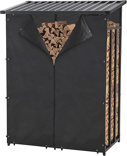 casa.pro Abri-Bûches Couvert avec Housse de Protection Support Bois de Chauffage Range-Bûches pour Stockage Extérieur Acier Galvanisé Laqué Polyester Métal Noir