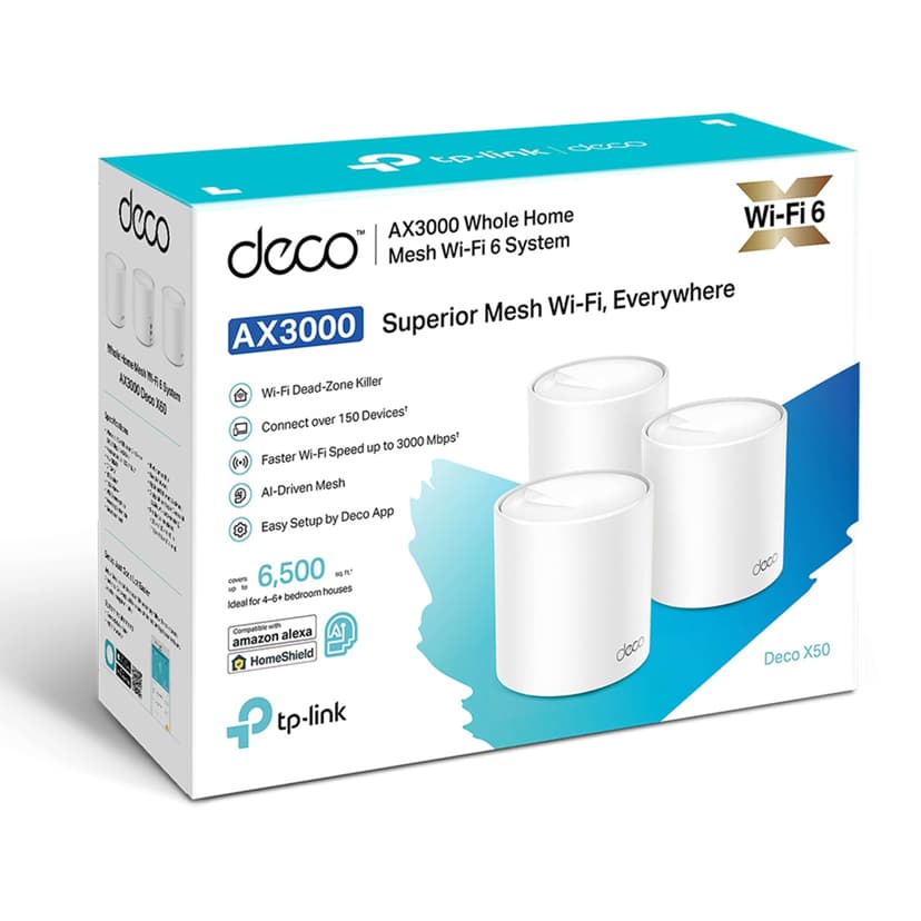 TP-Link Deco X50 Mesh WiFi Set (3 Pack), AX3000 Dual Band Router & Repeater (Range up to 604m², WPA3, Ideal for Large Houses, Compatible with Amazon Alexa, 9x Gigabit Ports) White - 2