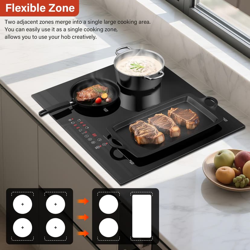 KICHPOWER Induction Hob 4 Zone with 1 Flexible Zone, Built-in Induction Hob 60 cm with Boost Function, Touch Control, 6000W, 9 Power Levels, 1-99 Min timer, Child Lock - 3