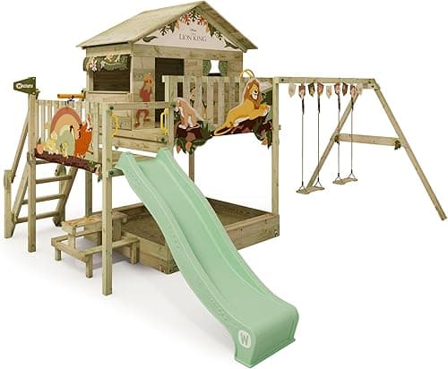 Disney Le Roi Lion Quest Aire de Jeux de Wickey - Structure d'escalade, Tour d'escalade, Jeux de Jardin pour Enfants - Aire de Jeux extérieure en Bois avec bac à Sable