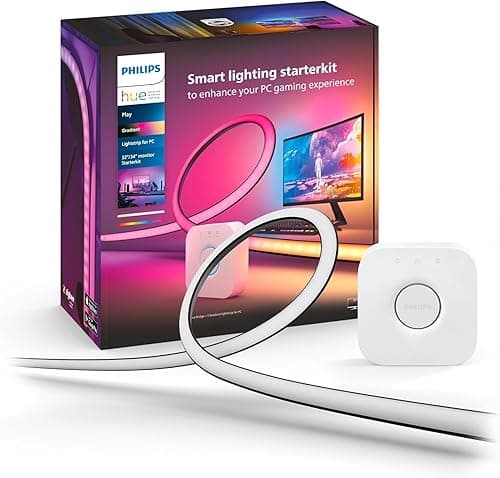 Philips Hue White and Color, Kit démarrage Lightstrip Hue Play gradient PC, écran 32-34 pouces + Pont, synchronisation de la lumière avec le jeu, compatible Alexa, Google et Apple
