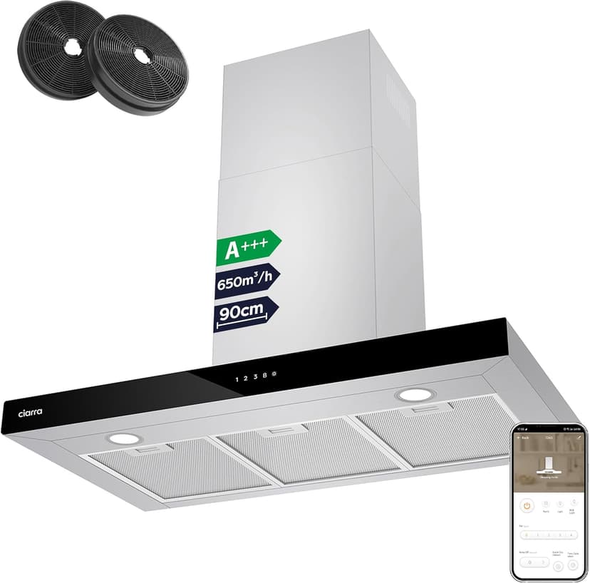 Ciarra CBCS9102 90cm Cooker Hood Wall Mount Chimney Hood Recirculating&Ducting 650 m³/h with 4 Speed WIFI APP Touch Control Kitchen Extractor Fan with CBCF003 Carbon Filters - 1