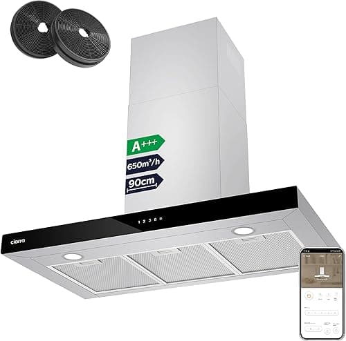 Ciarra CBCS9102 90cm Cooker Hood Wall Mount Chimney Hood Recirculating&Ducting 650 m³/h with 4 Speed WIFI APP Touch Control Kitchen Extractor Fan with CBCF003 Carbon Filters